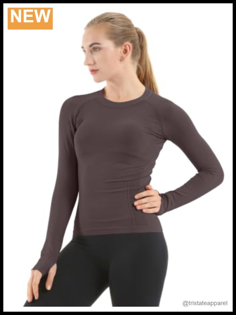 Seamless Long Sleeve Workout Top Nylon Elastane Thumb Holes Crew Neck